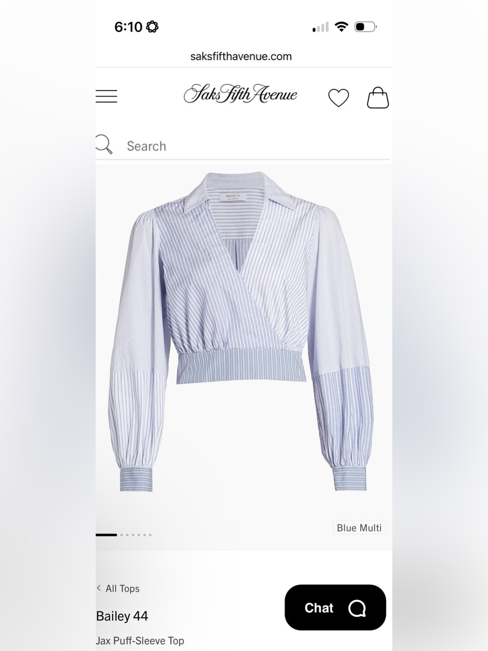 NWT: Bailey 44 Blue Multi Striped Wrap Puff-Sleeve Crop Top, sz. Small ($198)